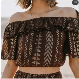 Elan Tribal Ruffle Crop Top Size M Black Gold NWT #c8